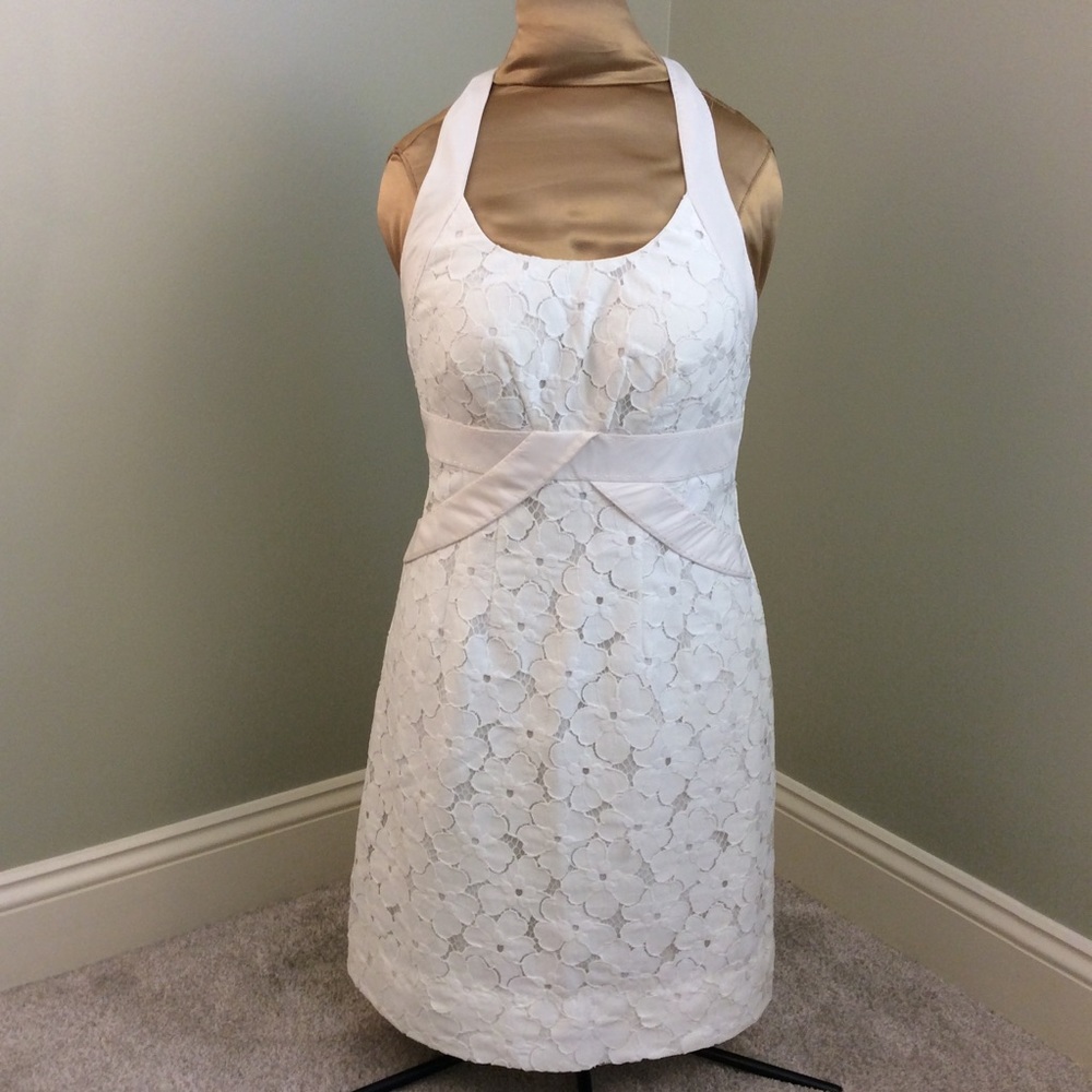 Phoebe Couture White Lace Overlay Halter Dress
